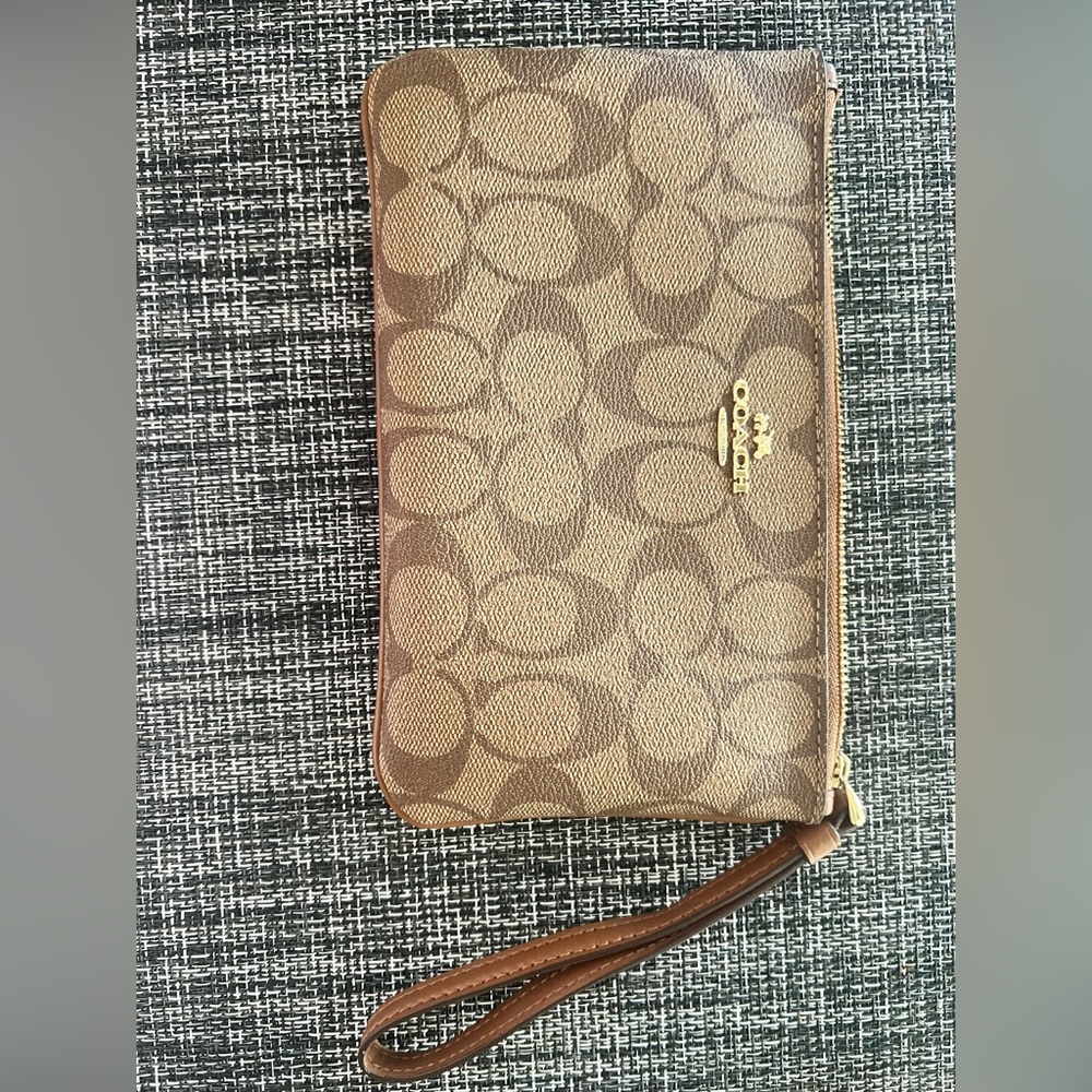 Coach Tan Wristlet with Gold Logo